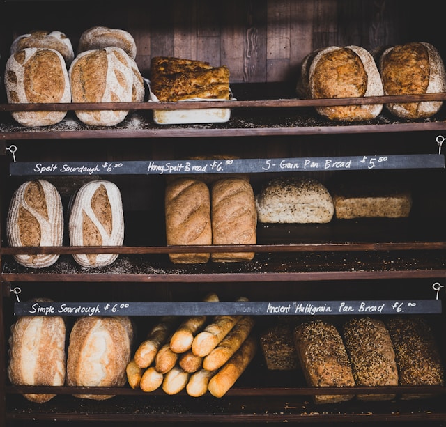 Shelves of bread in a bakery